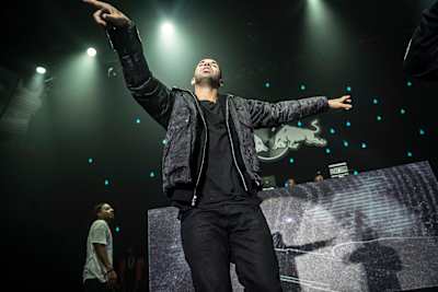 A photo of rapper Drake performing live in Los Angeles.