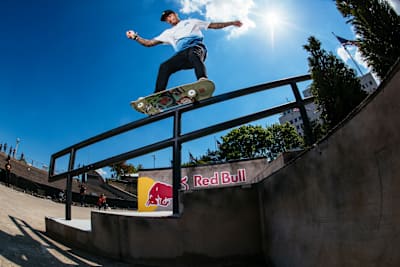 Nyjah Huston does a 5-0 Grind during Red Bull Hartlines in Hart Plaza in Detroit, MI on May 12 2017.