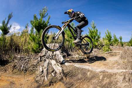 Brook MacDonald on a downhill trail in Whakarewarewa Forest in Rotorua, New Zealand on April 2, 2021