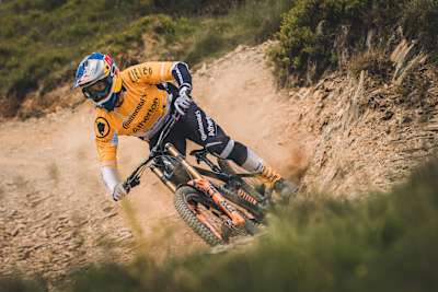 Gee Atherton riding at Dyfi Bike Park, Wales
