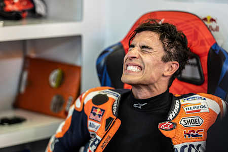 Marc Márquez of Spain reacts after the race while in the pit box during the MotoGP Shark Grand Prix de France at Le Mans, France on May 14, 2023.
