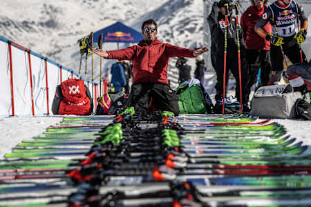 Wax technician, Primoz Vrhovnik of the Canadian Ski Cross team reacts with the prepared skis during the finals of the Red Bull SuperSkicross in Andermatt, Switzerland on March 26, 2022. 