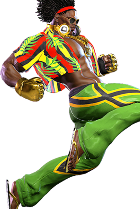 Dee Jay from Street Fighter 6 with a jump kick.