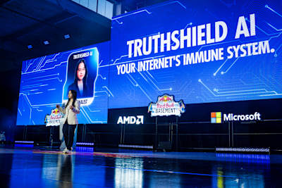 As one of the Top 10 in the Red Bull Basement World Final, Joi Lan Chow of Canada pitches her idea, TruthShield AI, in San Francisco, California, USA on June 3, 2026.