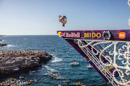 Maria Paula Quintero of Colombia dives from the 21.5m platform during the final competition day of the third stop of the Red Bull Cliff Diving World Series in Polignano a Mare, Italy on July 2, 2023.