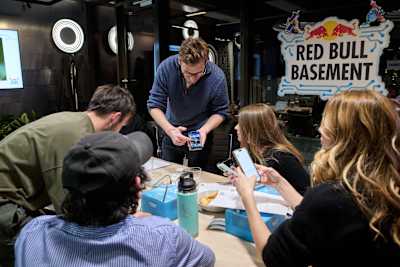 Hungarian founder and entrepreneur Albert Wettstein makes a point at Red Bull Basement in 2024.