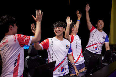 Team VAC Kimchi from South Korea celebrate during the Red Bull Campus Clutch World Final in Madrid, Spain on July 17, 2021.