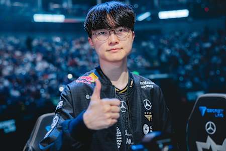 Faker of T1 is seen onstage after their victory and advancing to the grand finals at League of Legends Worlds 2025 Semifinal Stage on November 02, 2025 in Shanghai, China.