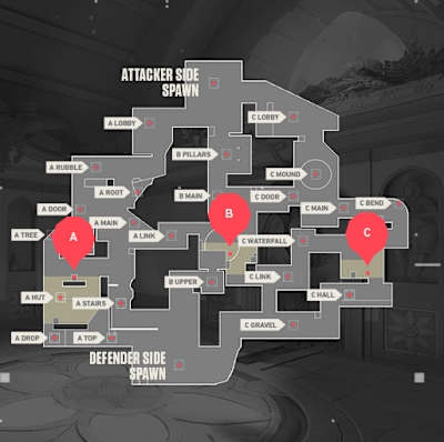 An image of the Lotus map in the VALORANT video game. 