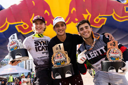 Jackson Goldstone, Camilo Sanchez and Felipe Agurto celebrate their podium places during Red Bull Guanajuato Cerro Abajo, in Guanajuato, Mexico on March 25, 2023.