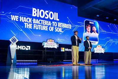 As a top 10 team in the Red Bull Basement World Final, Hugo Lluch and Alejandro Aymerich of Spain pitch their idea, BioSoil, in San Francisco, California, USA on June 3, 2026.