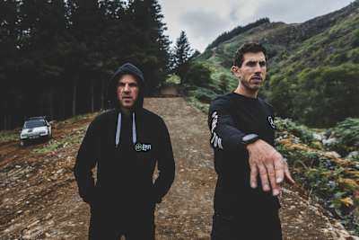 Dan Atherton, Gee Atherton at Dyfi Bike Park, Wales.