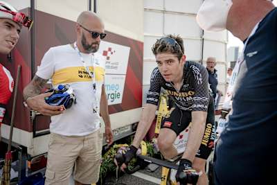 Wout van Aert warming down on the turbo trainer after finishing stage 7 from Tübach to Weinfelden  on the 86th Tour de Suisse 2023 (Switzerland) on 17 June 2023.