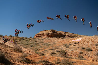 Jaxson Riddle seen using a dirt bike to get accustomed to the jump ahead of his 100ft jump in Utah.
