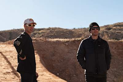 Jaxson Riddle and Tyler McCaul seen in the Utah desert during Riddle's 100ft jump attempt.