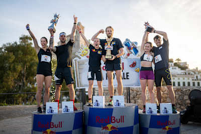 Teams from Sweden (1st place), Canada (2nd place) and Slovakia (3rd place) celebrate their podium positions at Red Bull Ibiza Royale in Ibiza, Spain on April 9, 2025.