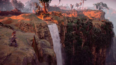 Waterfalls and a stunning cliff in Horizon Zero Dawn