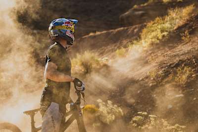Gee Atherton pictured during building at Red Bull Rampage 2023.