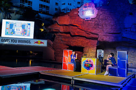 Players Coldless and Sodium react during a close match at the Red Bull Tetris® US National Final in Hollywood, Florida, USA on November 22, 2025.