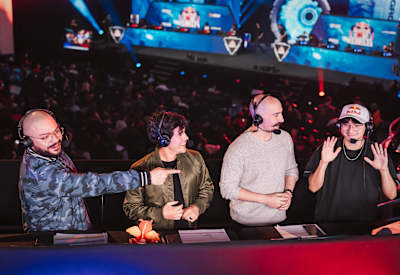 GoldenBoy, Doug, Sideshow and TenZ at the Upper and Lower Finals Day of the Red Bull Home Ground World Final in New York.
