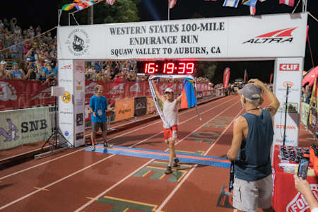 Ryan Sandes crossing the finish line, shot during the film project 'Dedicate - Western States 100' in California, United States on June 24, 2017. 