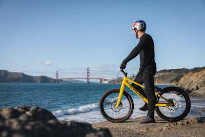 Danny MacAskill on his custom Santa Cruz trials bike in San Francisco.