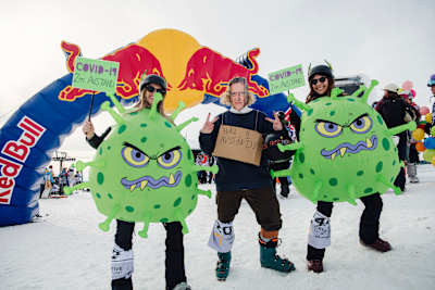 Participants pose for a portrait at the start of Red Bull Homerun in Are, Sweden on April 17, 2022 