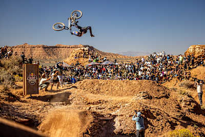 Brandon Semenuk rides his bike at Red Bull Rampage in Virgin, Utah, USA on 21 October, 2022.