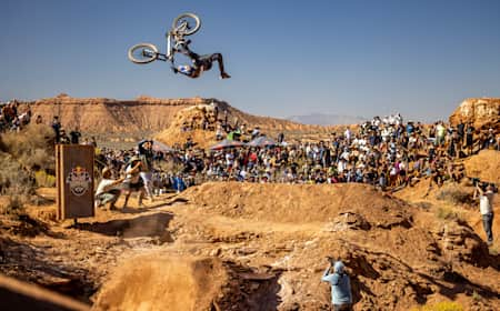 Brandon Semenuk rides his bike at Red Bull Rampage in Virgin, Utah, USA on 21 October, 2022