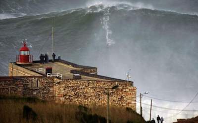 Garrett McNamara surfs Nazare, Portugal.