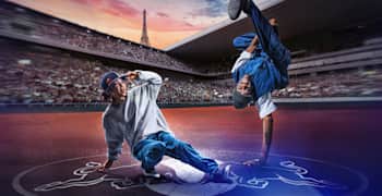 Artwork of two dancers at Stade Roland-Garros, Paris, host venue for the Red Bull BC One World Final 2023.