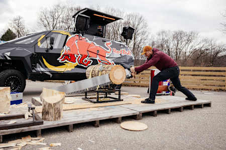Matt Cogar does a timbersports demonstration