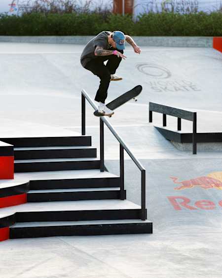 Portugal's Gustavo Ribeiro 360 Kickflips into a Nosebluntslide at the 2022 World Championships in Sharjah, UAE