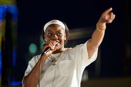 Arike Ogunbowale speaks to the crowd before Dallas Has Wiiings at Reunion Tower in Dallas, Texas, USA on May 11, 2022. 