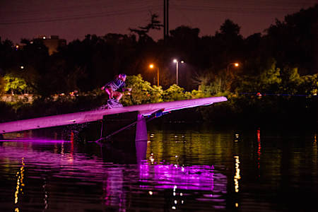 An image of wakeboarder Meagan Ethell during a photo shoot with a pink backdrop for Breast Cancer Awareness at Boathouse Row, Philadelphia, USA in October 2020.