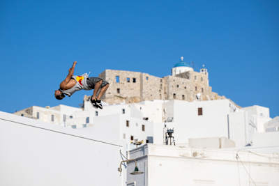 Dominic Di Tommaso from Australia performs during Red Bull Art Of Motion in Astypalea, Greece on June 8, 2022.  