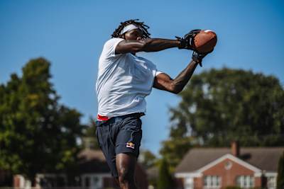 Jeremiah Smith runs a route during training in Columbus, Ohio.