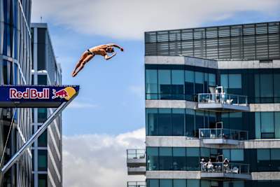 David Colturi during the final competition day of the second stop of the 2024 Red Bull Cliff Diving World Series in Boston, USA on June 8, 2024. 