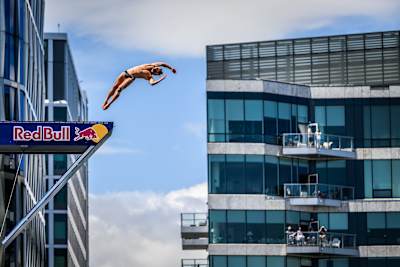 David Colturi at the 2024 Red Bull Cliff Diving World Series in Boston.