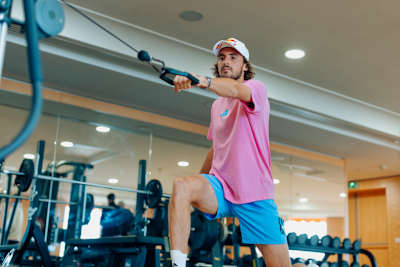Stefanos Tsitsipas during a tennis training session in Monte Carlo Country Club in Monaco.