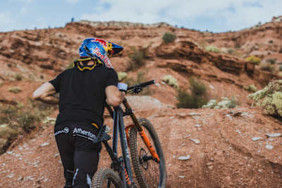 Gee Atheron pictured during practice ahead of Red Bull Rampage 2023 in Virgin, Utah, USA.