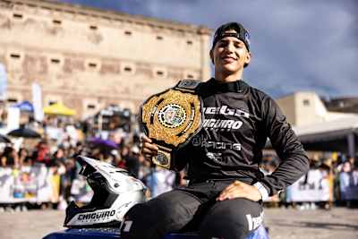Juanfer Velez pose for a portrait after winning the Red Bull Cerro Abajo Series during Red Bull Guanajuato Cerro Abajo, in Guanajuato, Mexico on March 25, 2023.