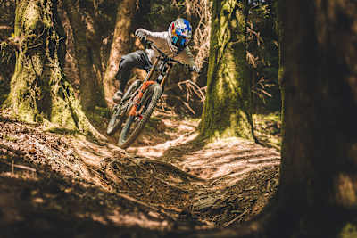 Jackson Goldstone performing at the 2023 Red Bull Mountain Bike Performance Camp at Dyfi Bike Park, Wales.