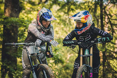 Vali Holl and Tahnée Seagrave as seen at the 2023 Red Bull Mountain Bike Performance Camp at Dyfi Bike Park, Wales.