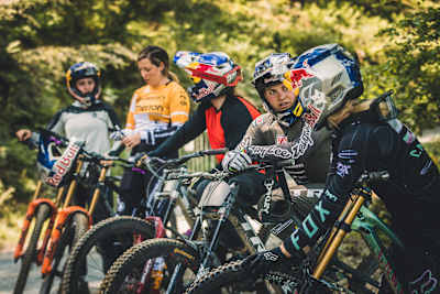 Rachel Atherton, Vali Holl, Tahnee Seagrave as seen at the 2023 Red Bull Mountain Bike Performance Camp at Dyfi Bike Park, Wales.