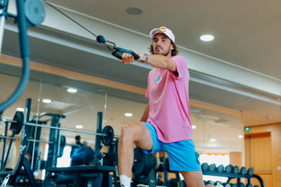 Stefanos Tsitsipas during a tennis training session in Monte Carlo Country Club in Monaco.