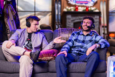 Ludwig Ahgren and Tarik Celik on the casting couch at the Tarik x Ludwig Invitational 2 event in Los Angeles, CA, USA on 13 