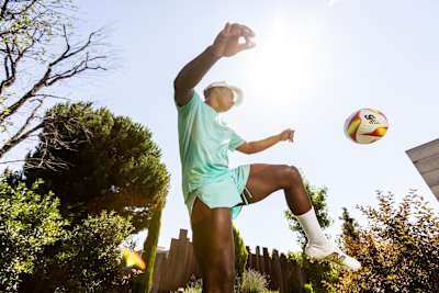 Real Madrid and Brazil football player Endrick Souza pictured practicing his skills with the ball.