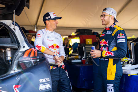 Rallycross stars Timmy and Kevin Hansen relax between races in the Hansen Team garage in Minnesota, USA on October 2, 2021.