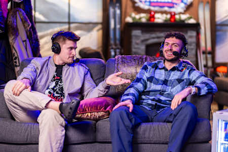 Ludwig Ahgren and Tarik Celik on the casting couch at the Tarik x Ludwig Invitational 2 event in Los Angeles, CA, USA on 13 